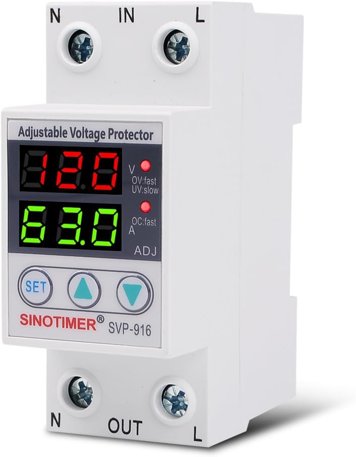 110VAC 120VAC 63A Over/Under Voltage Protection Device Voltage Current Protector, 2 Red LED Displays, Single Phase Low Voltage Monitor, Din Rail Installation in DB Home Usage