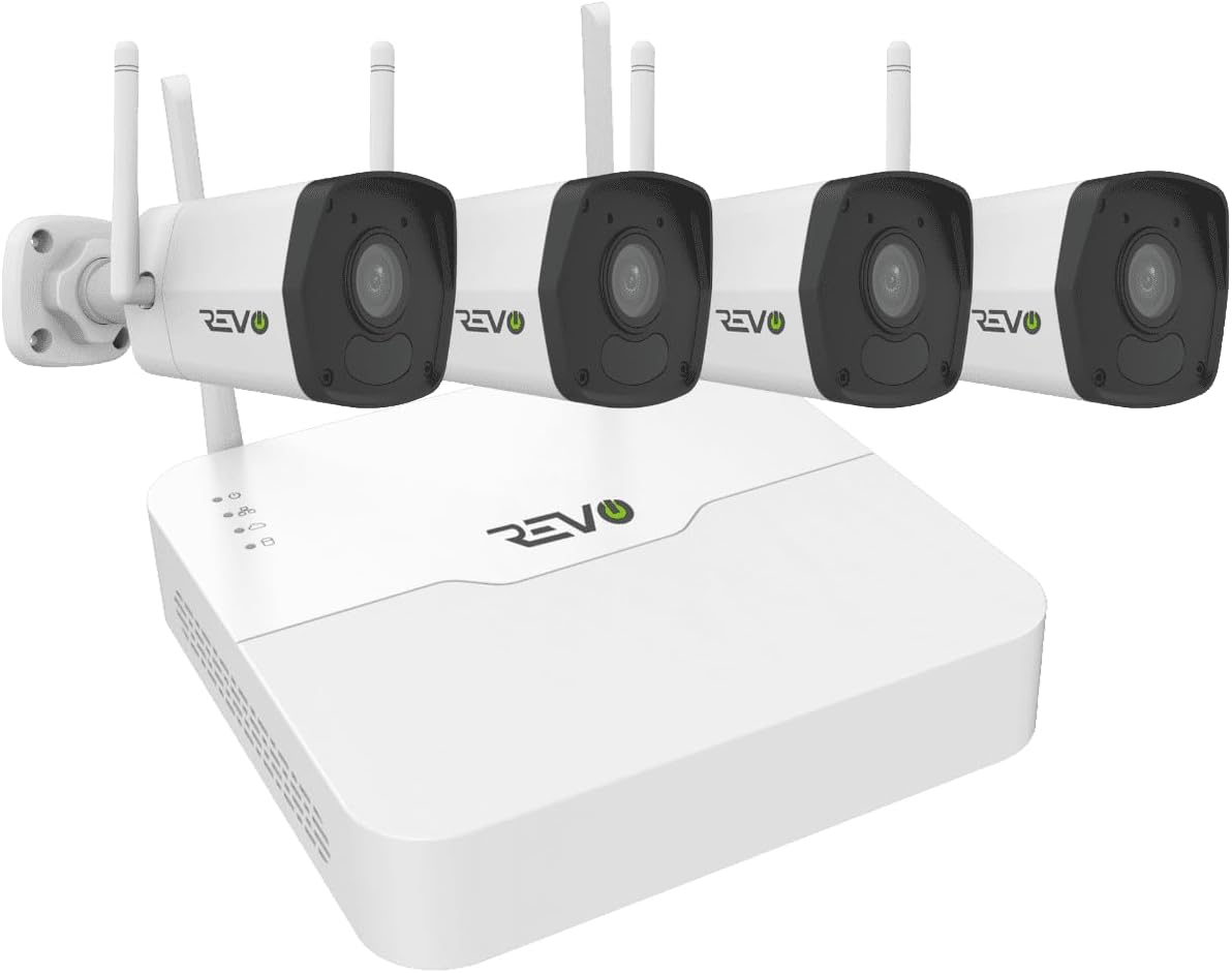 Revo Ultra Wireless 4-Channel Security System NVR with 1TB HDD, 4X 1080p (2MP) Indoor/Outdoor IR Wi-Fi Bullet Cameras, 105° Coverage, Remote Access via Smartphone, PC and MAC (No Monthly Fees)