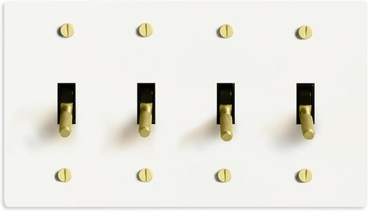 Select 15A 120V AC 4-Gang Toggle Switch, White with Solid Brass Vintage Style Single Pole 3 Way Compatible Wall Mount Toggle Switch, Included Faceplate & Switch Module, UL Listed
