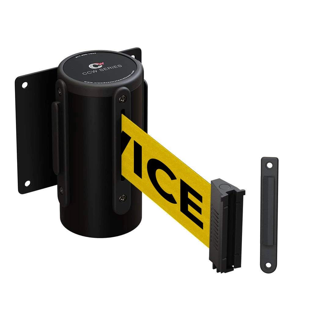 Crowd Control Warehouse - CCW Series WMB-120 Fixed Wall Mount Retractable Belt Barrier - 11 Foot, Yellow"Out of Service" Belt with Black Steel Case