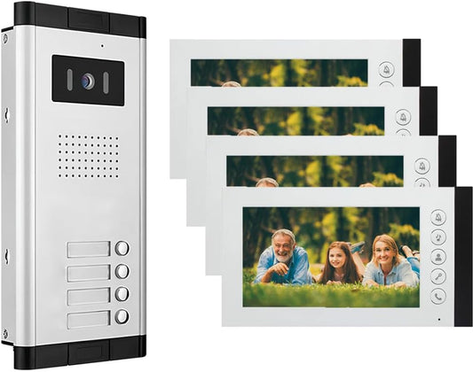 Wired Video Intercom System,7 Inch Ring Video Doorbell with IR Night Vision,HD Camera Kits,IR Outdoor Camera,Dual-Way Intercom for Villa Home Office Apartment (1 Bell +4 Monitor)