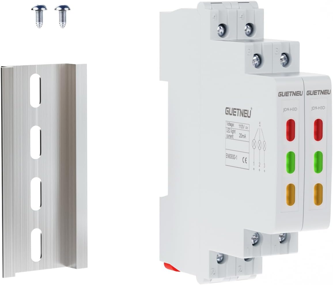 2Pcs C45 DIN Rail Mount Indicator Light, 3 LED Indicator Light, 110 VAC/DC Signal Lamp, with 80 mm DIN Rail & Screws, Ideal Light for Indicating Circuit Status, CE (Red, Green, Yellow)