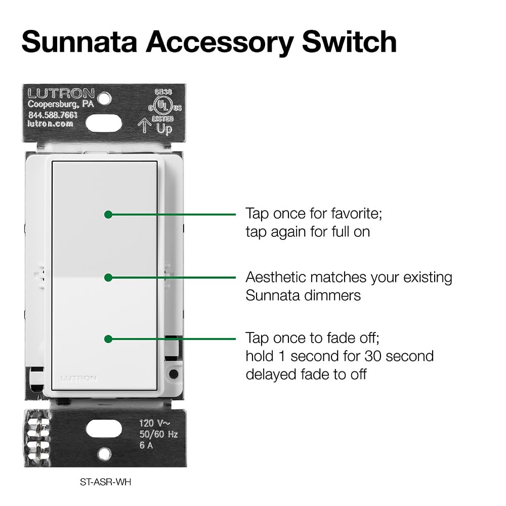 Lutron Sunnata On/Off Accessory Switch with Wallplate, only for use with Sunnata LED+ Dimmers, ST-ASW-WH, White