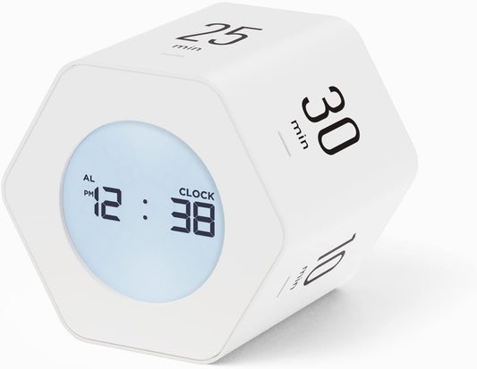 mooas Multi-Hexagon Clock Cube Timer, Digital Clock Time Timer, Pomodoro Timers, Backlit Display 12/24H Mode Count up & Countdown, Rotating Various time presets ideal for Classroom Gym Kitchen (White)