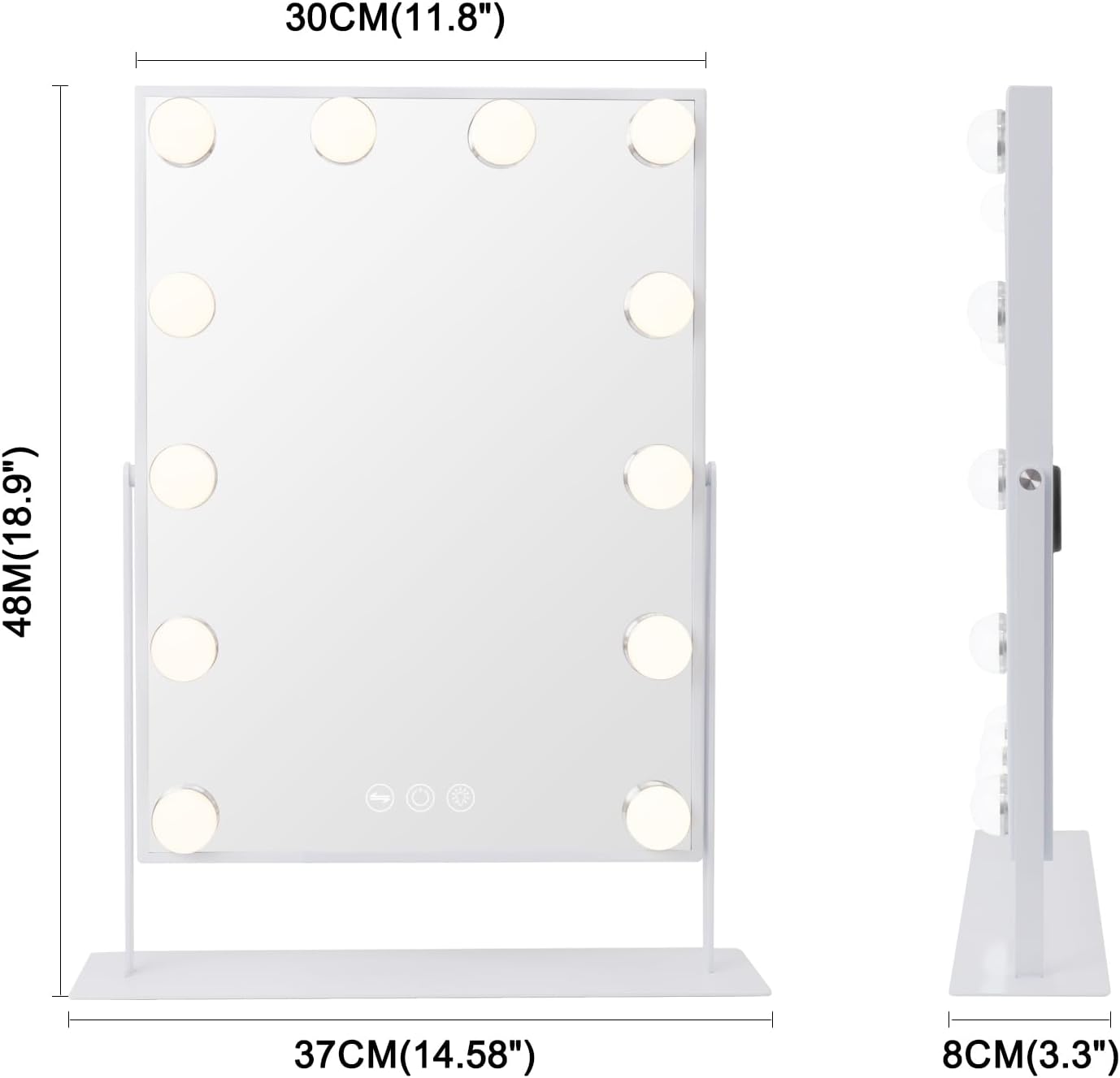 VANITII Lighted Vanity Hollywood Mirror with 12 Dimmable Bulbs Smart Touch Control 3 Colors Light for Tabletop, Detachable 10X Magnification