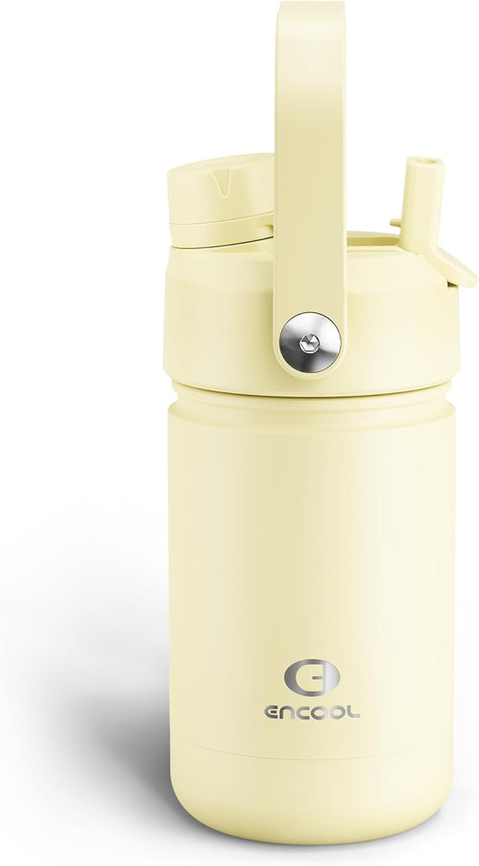 ENCOOL Kids Insulated Water Bottle with Straw - 12oz Stainless Steel Water Bottle with Dual Spouts, Leak-Proof, BPA-Free, Double Wall Vacuum Keeps Cold for 24 Hours for Sports, Travel (Light Vanilla)