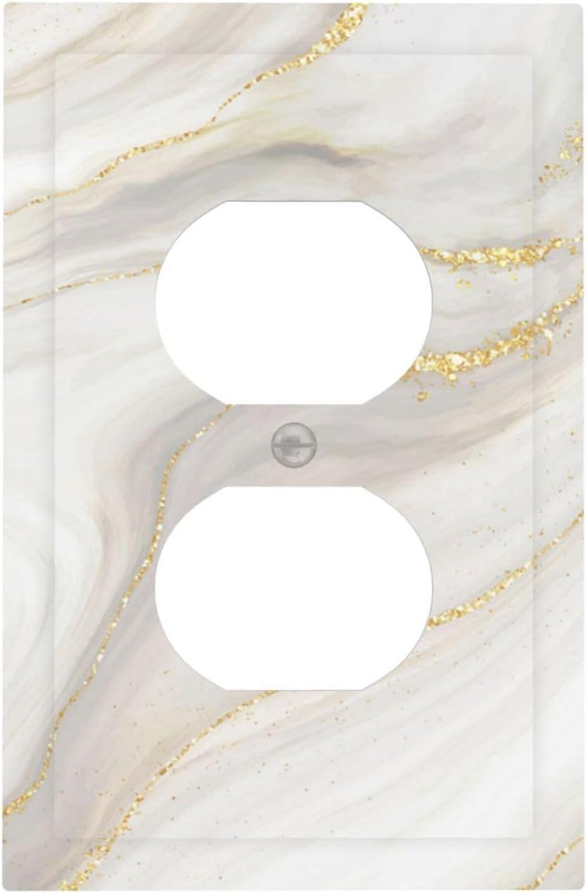 White Grey Gold Marble Simple Tiles Outlet Covers 1 Gang Duplex Light Switch Cover Decorative Switch Plates Electrical Receptacle Faceplate Wall Plate for Bathroom Kitchen Decor