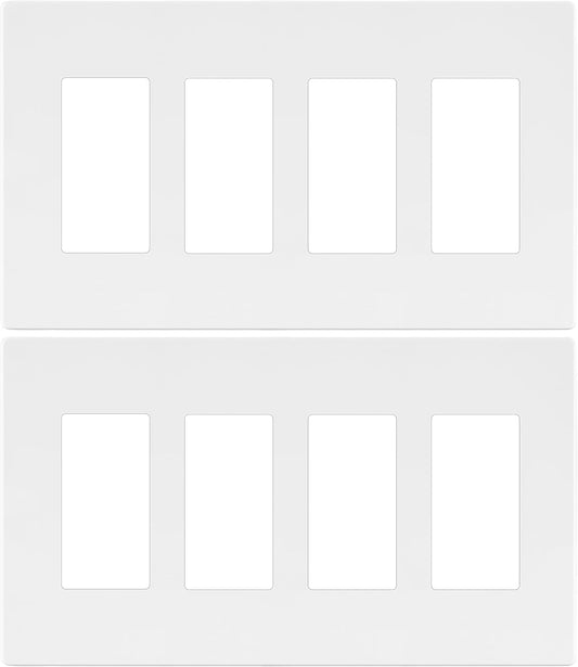 LIDER Matte Finish Quadruple Decorator Switch Cover, Screwless Wall Plate, Mid-Size 4-Gang 4.88" x 8.58", Polycarbonate Thermoplastic, UL Listed, LSWP-34M-W2P, White, 2 Pack