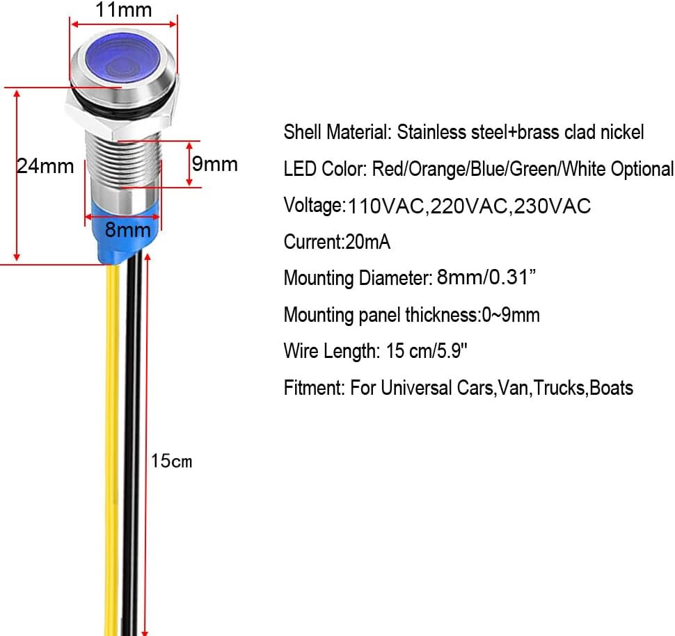 5pcs 8mm LED Metal Indicator Light 110V-220VAC Waterproof Signal Lamp (Blue)