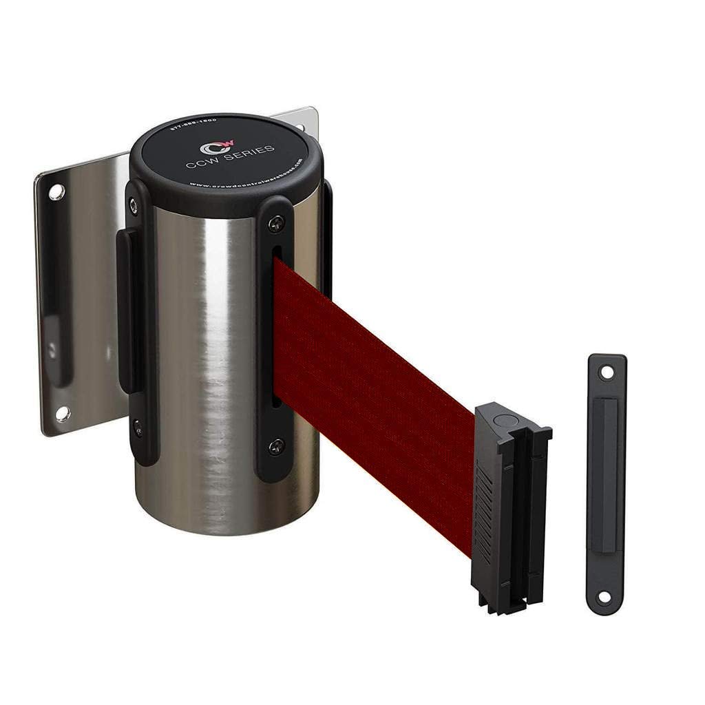 Crowd Control Warehouse - CCW Series WMB-120 Fixed Wall Mount Retractable Belt Barrier - 11 Foot, Maroon Belt with Stainless Steel Case