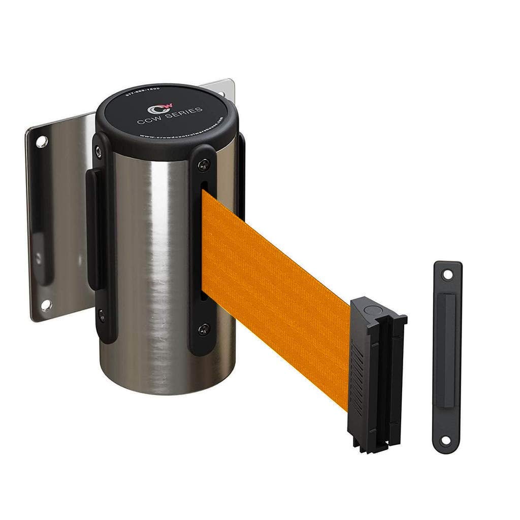 Crowd Control Warehouse - CCW Series WMB-120 Fixed Wall Mount Retractable Belt Barrier - 11 Foot, Orange Belt with Stainless Steel Case