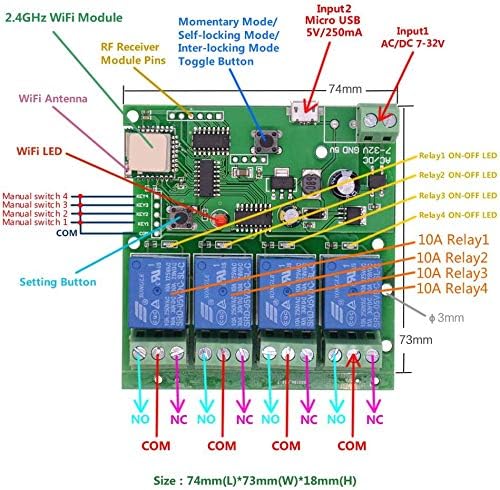 WiFi Wireless Inching Relay Monentary/Self-Locking Switch Module DIY Smart Home Remote Control DC 5-32V AC90-260V Ewelink App iOS/Andriod Compatible with Alexa Echo Google Home IFTTT (DC4)