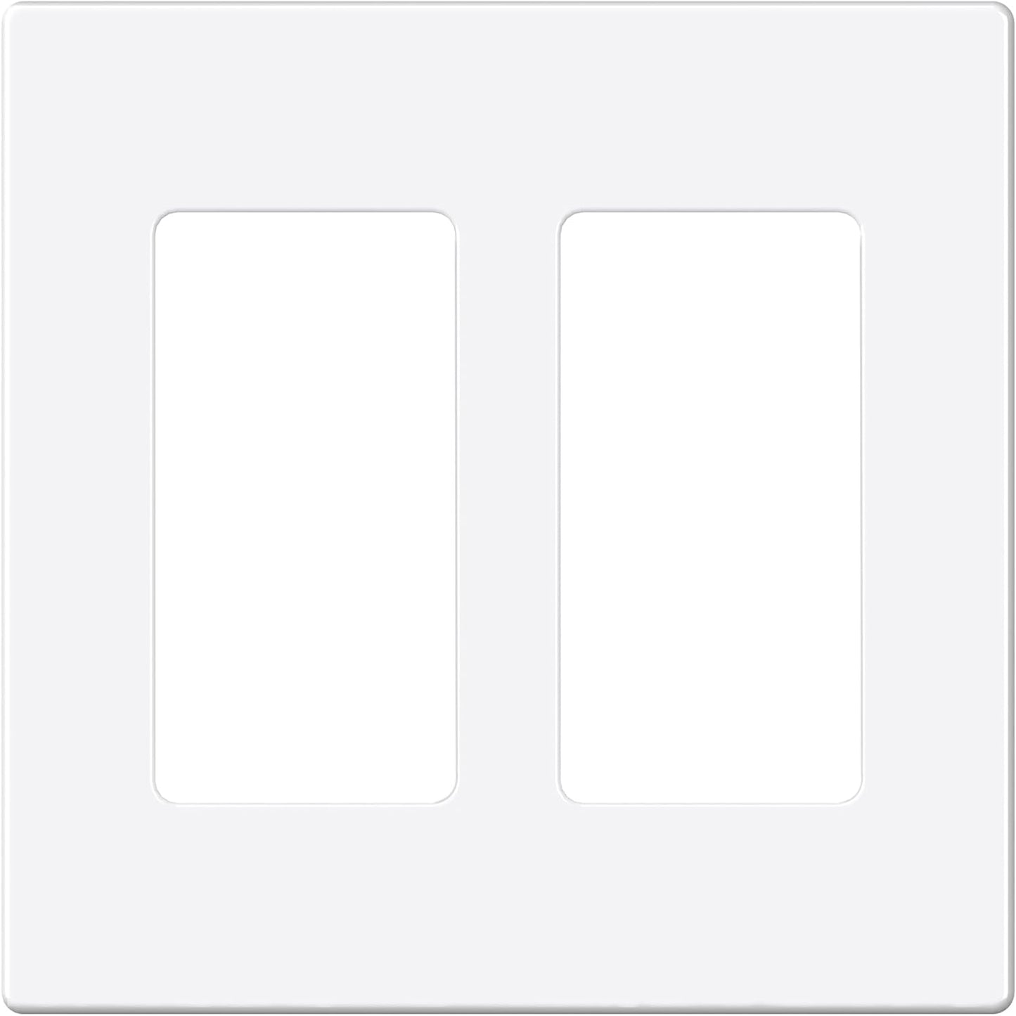 EMITEVER 2-Gang Screwless Decorator Wall Plate Cover for Receptacle Outlet & Light Switch, Standard Size 4.53"H x 4.53"W, Unbreakable Thermoplastic Faceplate, UL Listed, Matte White 1-Pack