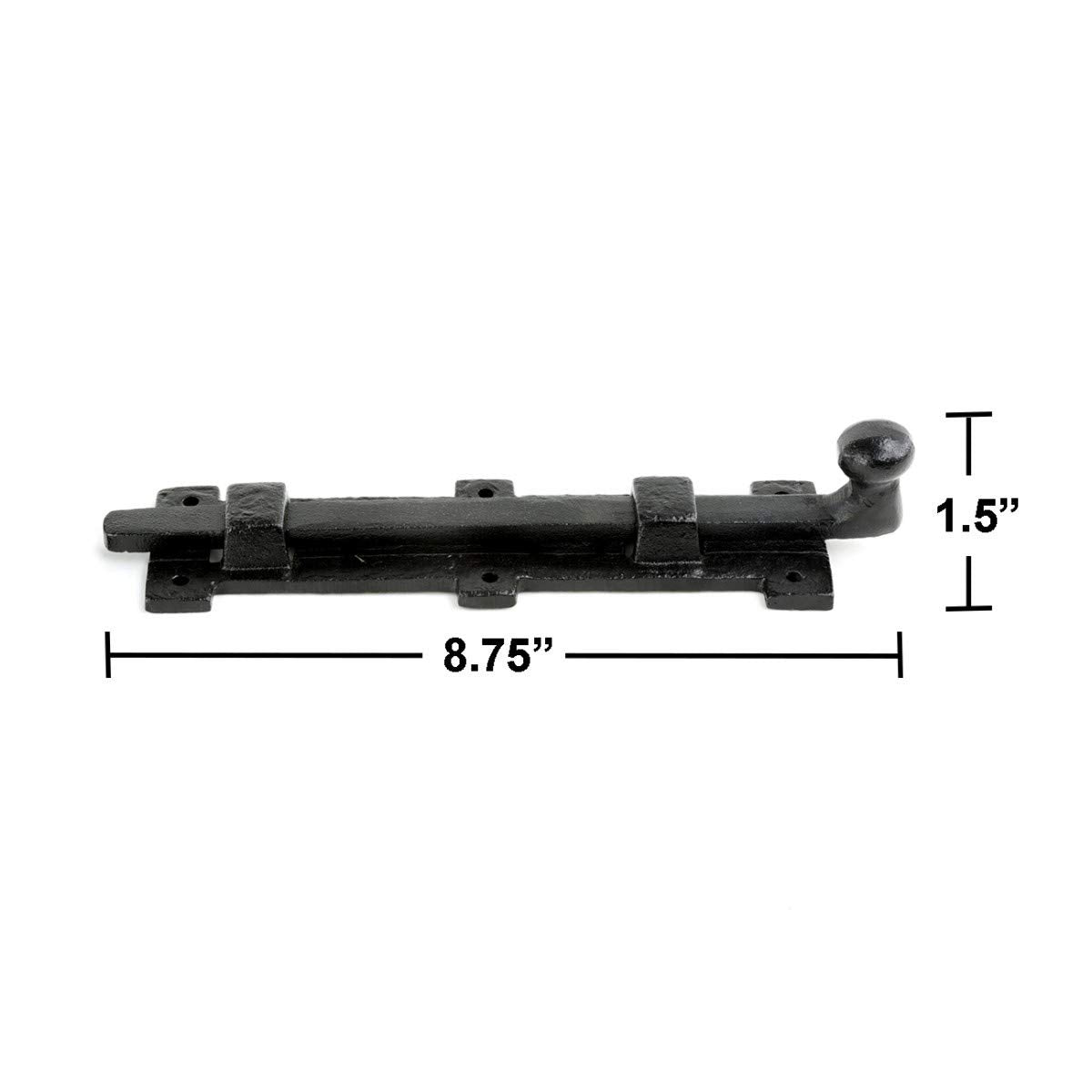 Renovators Supply Manufacturing Slide Bolt Latch 8 3/4 in. Black Wrought Iron Ball Tip Style Slide Bolt with Mounting Hardware Pack of 2