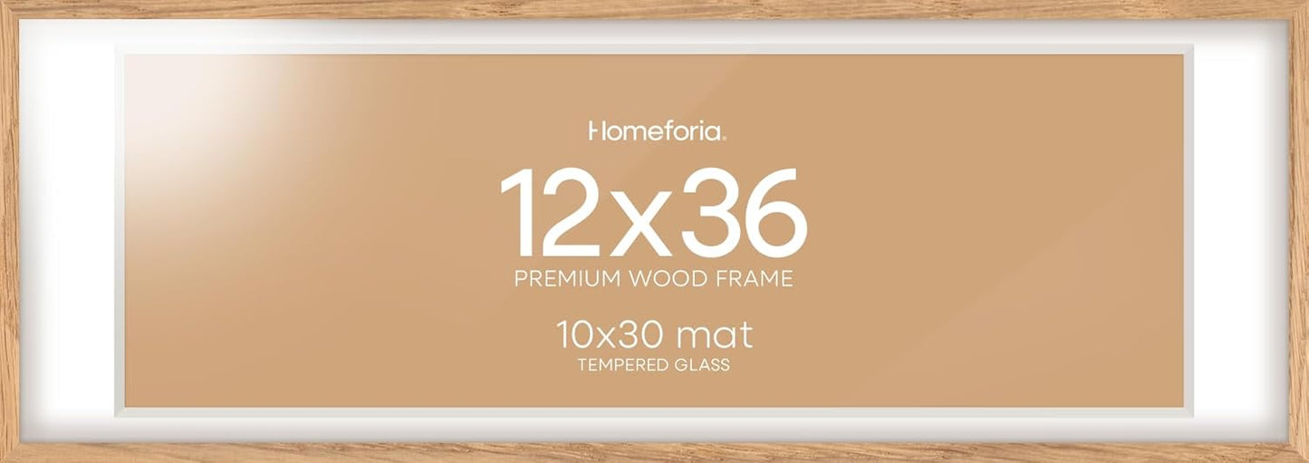 Homeforia 12x36 Wood Frame, High End Natural Oak 12x36 Light Wooden Picture Frame with Mat 10x30, 12 x 36 Poster Frames Matted to 10 by 30 Art, 36x12 Hanging Frames, Tempered Glass, Wall Kit, Set of 1