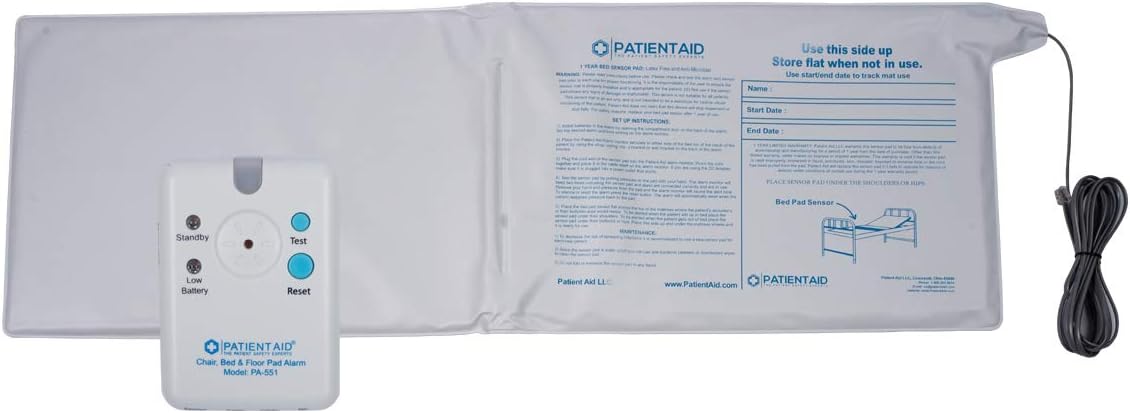 Patient Aid Advanced Bed and Floor Alarm for Elderly Monitoring - 10" x 30" Underpad with Motion Sensor Bed Alarm, 3 Ring Chime & 3 Mounting Options, with AC Adapter & 9V Battery
