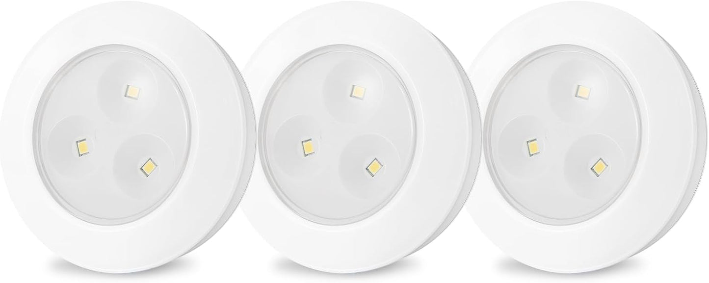 LUXSWAY LED Puck Light, Ultra-Thin Touch Light, Battery Operated, Tap Lights, 60 Lumens, Stick on Lights, Under Cabinet Lighting, Ideal for Kitchen Cabinets, Closets, Garage and More, 3-Pack, White