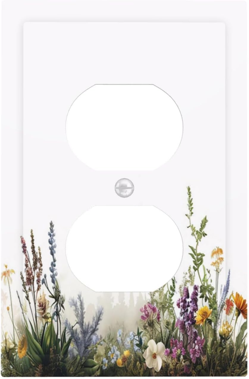 Outlet Covers White Background Colorful Flowers Plants Green Leaves 1 Gang Duplex Light Switch Cover Plate Decorative Switch Plate Covers Electrical Socket Cover for Bedroom Home Decor