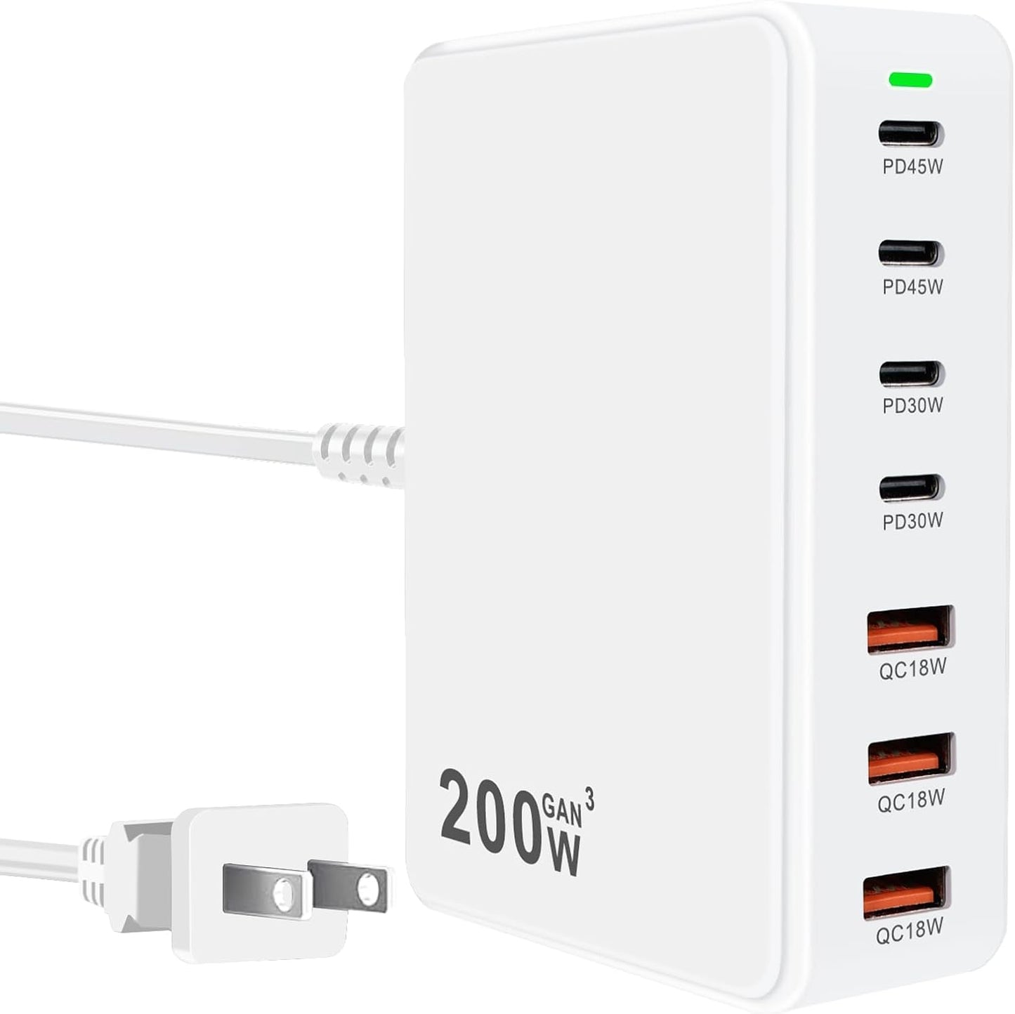 USB C Charger Block 200W 7 Port Fast Charging Station Hub, PD 45W Laptop Charger Brick Adapter Compatible with MacBook Pro/Air, iPad, DELL, Steam Deck, iPhone 17/16/15/14, Galaxy S23/22 (White)