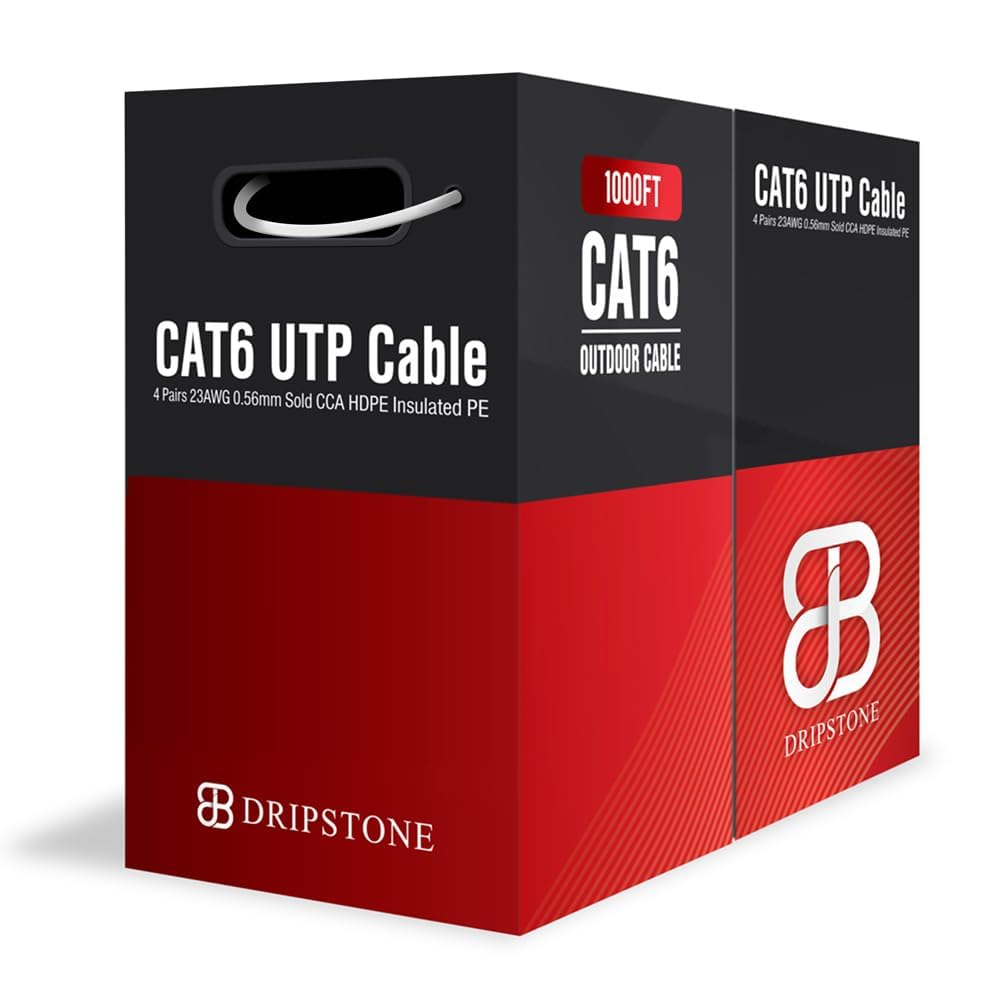 Dripstone Cat6 Direct Burial Ethernet Cable – 23AWG Solid UTP, Waterproof HDPE Insulated, Polyethylene (PE) Jacket for Indoor/Outdoor Installations (White - 1000 FT)