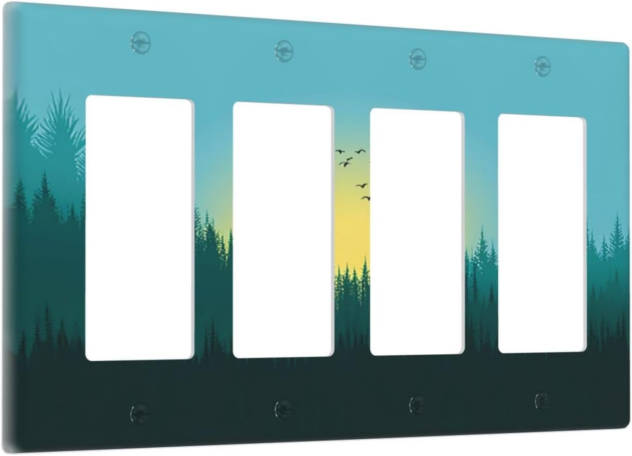 Green Forests And Birds Sun Woodland Wallplates 4 Gang Quad Rocker Decorative Light Switch Covers Electrical GFCI Faceplate Switch Plate for Bedroom Bathroom Decor