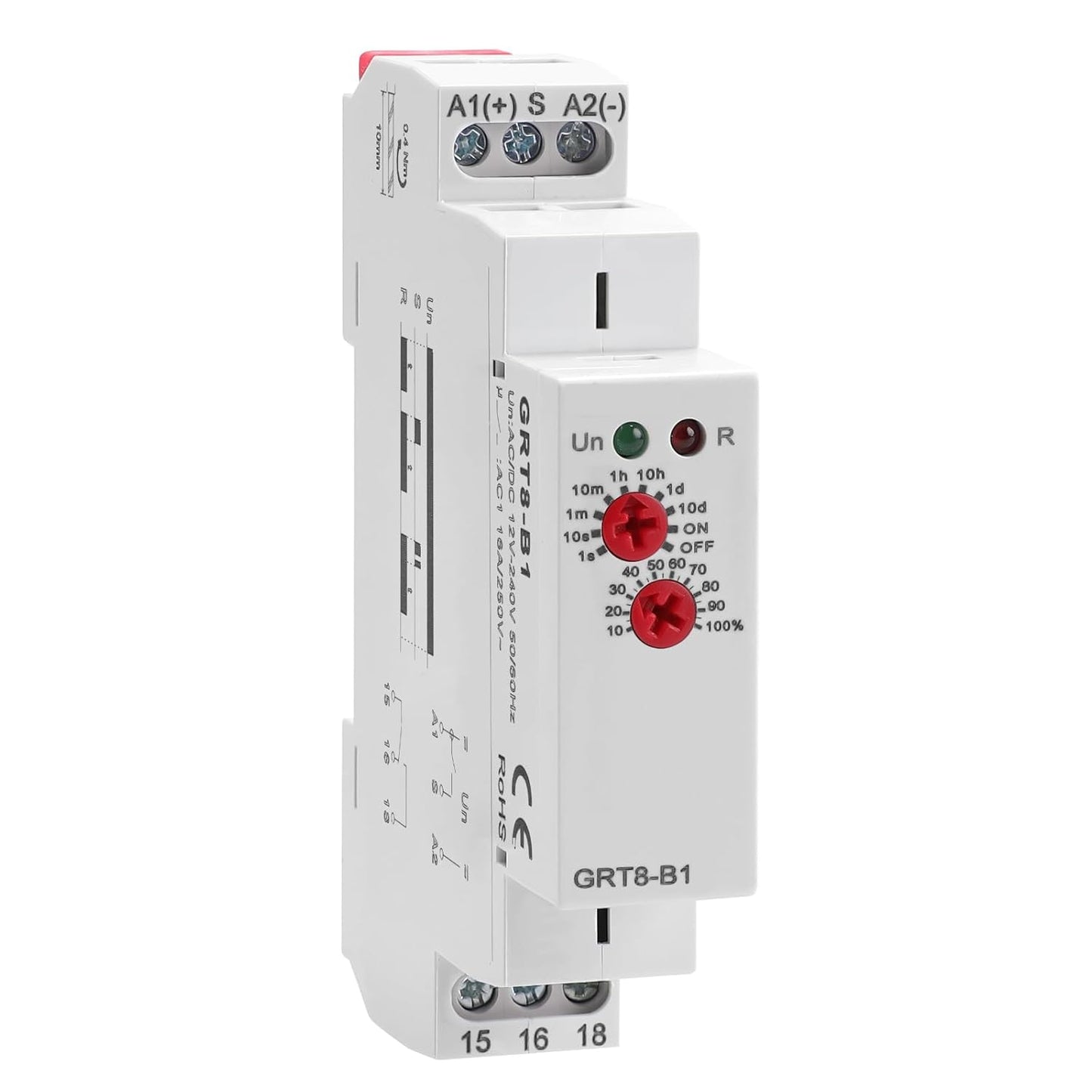 Delay Off Time Relay 16A Adjustable Smart Relay GRT8-B1, Delay Turn Off Electronic Timer in Din Rail, 0.1s-10 Days Wide Range Delay Factory Automation Time Universal Voltage AC DC 12V-240V