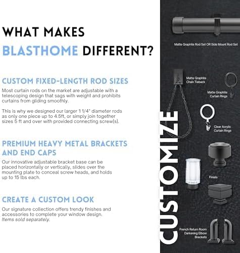 BlastHome® Non-Adjustable Luxury Extra Long Curtain Rod, 1 ¼” Rod Set, 18 foot Fixed Length (Four Rods Connect for a Seamless Look), Matte Graphite
