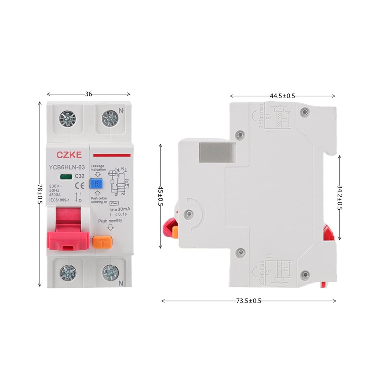 30mA RCBO MCB 230V 50/60 Hz Residual Current Circuit Breaker with Over Current and Leakage Protection 6/10/16/20/25/32/40A (Color : 1P N, Size : 6A)