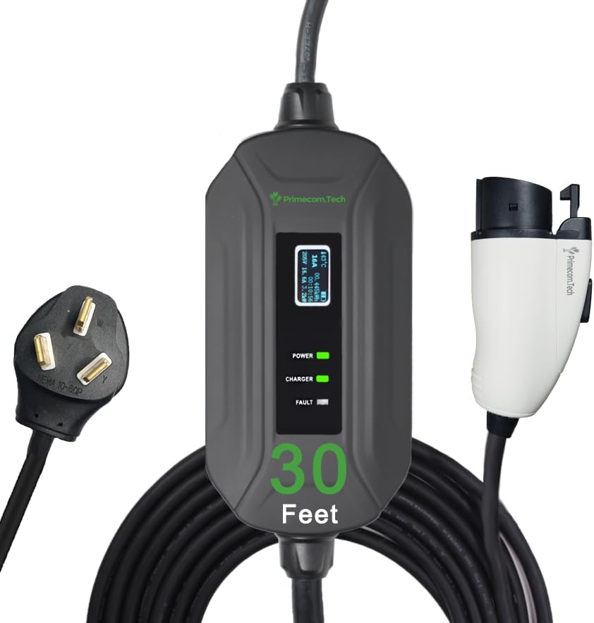 PRIMECOM Level 2 Electric Vehicle (EV) Charger (220V / 240Volt, 16Amp) Portable EVSE Smart Electric Car Charger, 30', 40', and 50 Feet Lengths (NEMA 10-50P, 30 Feet)