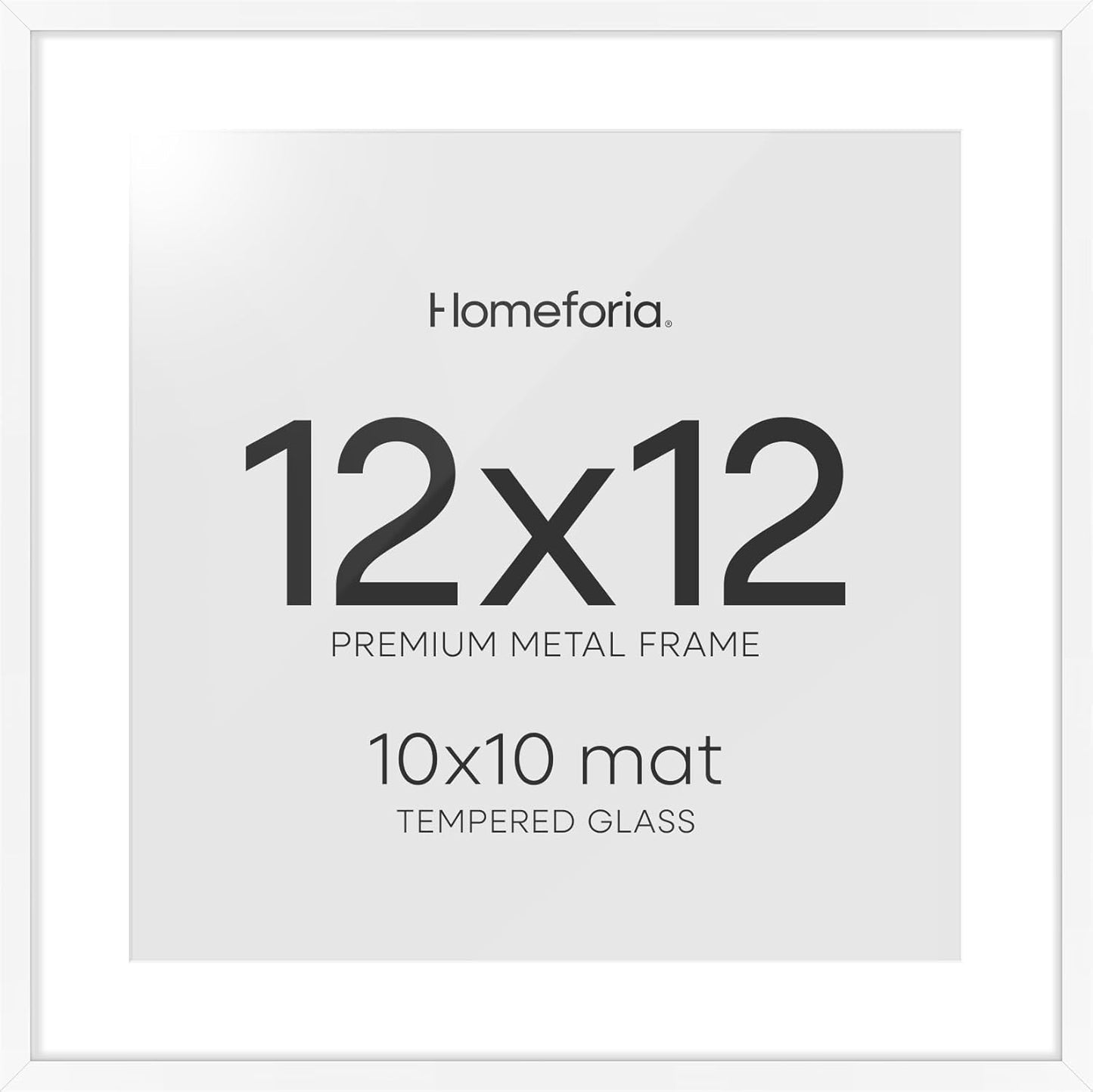 Homeforia White 12x12 Picture Frames, High End Metal 12 x 12 Square Poster Frame with Mat 10 x 10 Photo, 12x12 White Frame Matted to 10x10 Print, 12by12 Thin Frames, Tempered Glass, Wall Kit, Set of 1