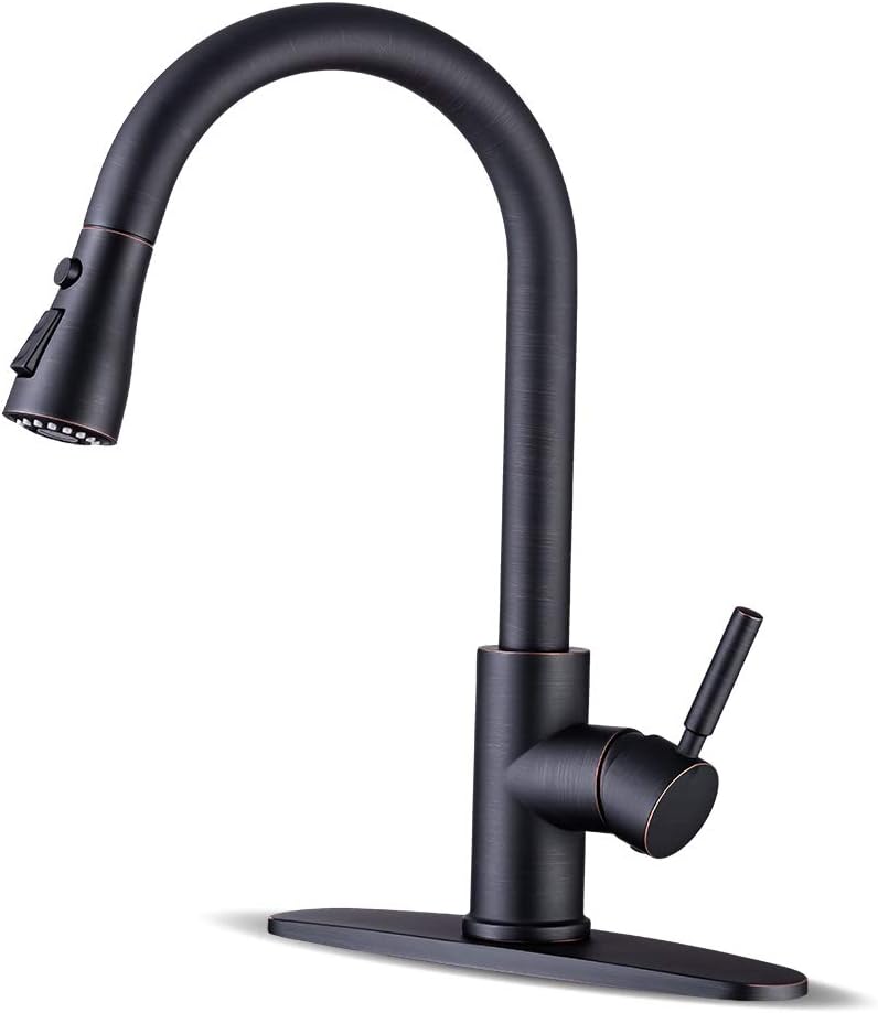 WEWE Kitchen faucets with Pull Down Sprayer, Farmhouse Kitchen Faucet Oil Rubbed Bronze Commercial Modern high arc Stainless Steel Single Handle Single Hole for Utility rv Laundry Sinks