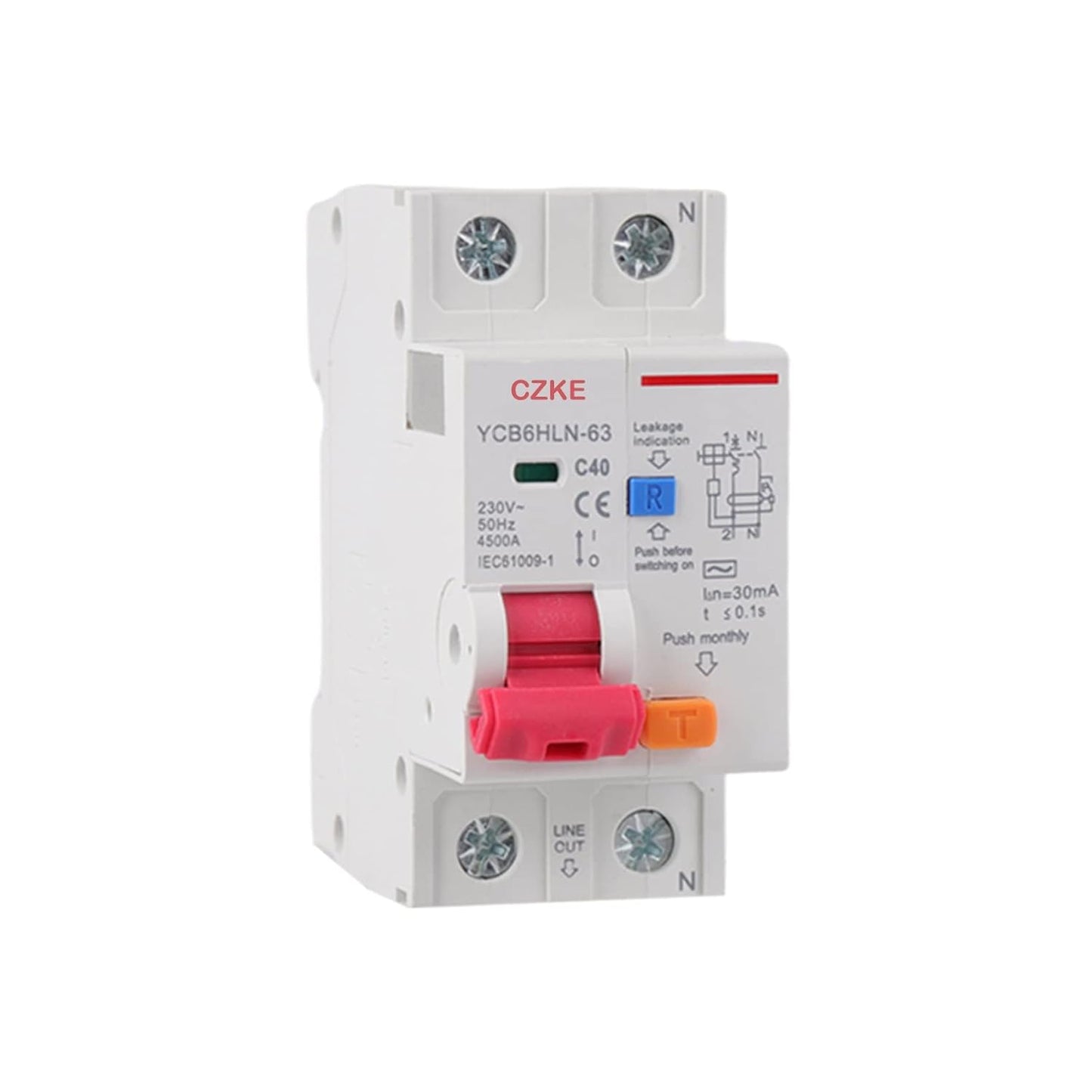 CZKE 30mA RCBO MCB 230V 50/60 Hz Residual Current Circuit Breaker with Over Current and Leakage Protection 6/10/16/20/25/32/40A (Color : 1P N, Size : 10A)
