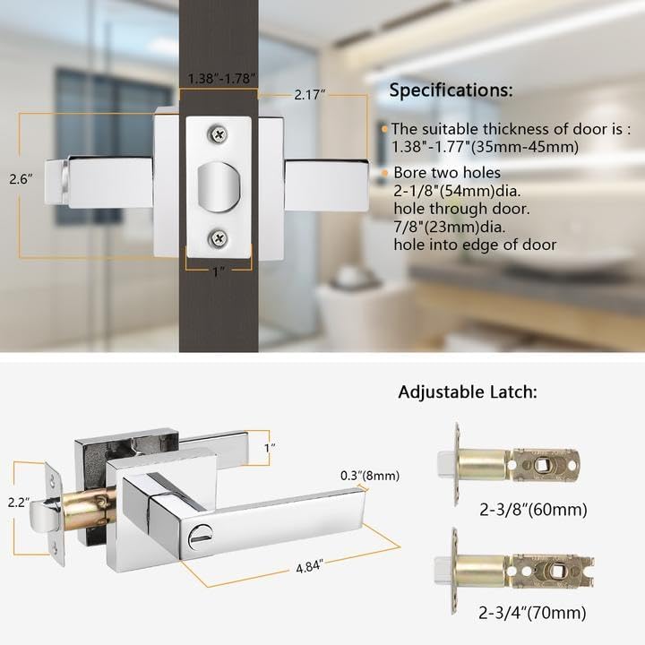 Probrico Heavy Duty Door Handles Polished Chrome, Interior Keyless Locks Bath/Bed Door Locksets, Square Privacy Door Levers Reversible for Left/Right Handed Doors, 8 Pack