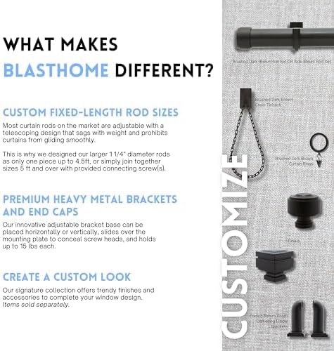 BlastHome® Non-Adjustable Luxury Extra Long Curtain Rod, 1 ¼” Rod Set, 14 foot Fixed Length (Three Rods Connect for a Seamless Look), Brushed Dark Brown
