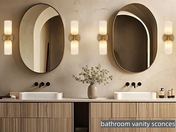 Alabaster Wall Sconces Set of 2, 14in Modern Spanish Natural Marble Vanity Light, Dimmable Hardwired Brass Gold Wall Sconce Lighting for Bathroom Mirror, Bedroom, Luxury Natural Stone Wall Fixtures