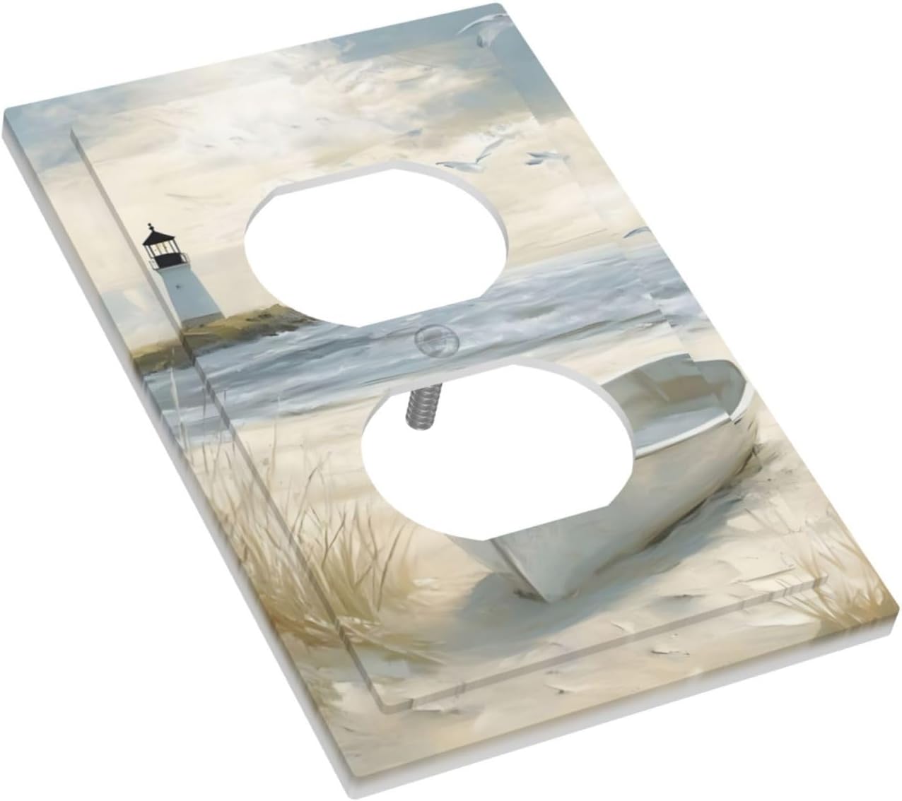 Decorative Outlet Covers Seascape Painting with Lighthouse Boats 1 Gang Duplex Light Switch Cover Plate Unique Wall Plates Switch Plate Cover for Bedroom Home Decor（2 Pack）