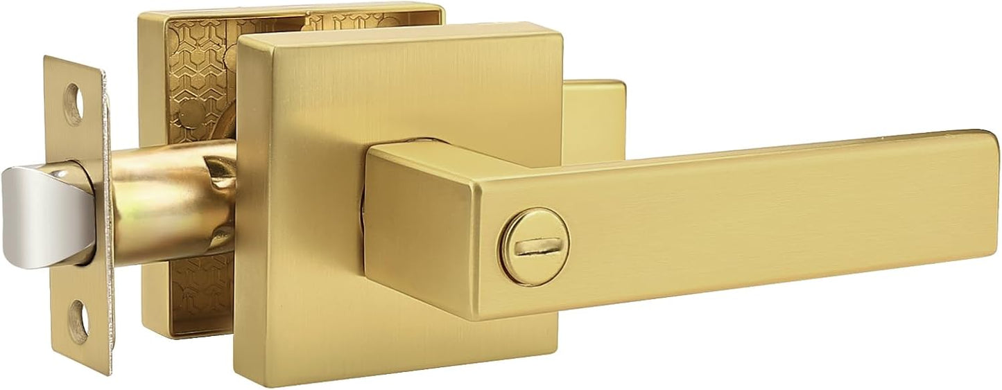 Probrico Heavy Duty Flat Gold Door Handles Square Privacy Interior Door Levers Bedroom and Bathroom Door Handles Keyless Bed/Bath Lockset (1 Pack)