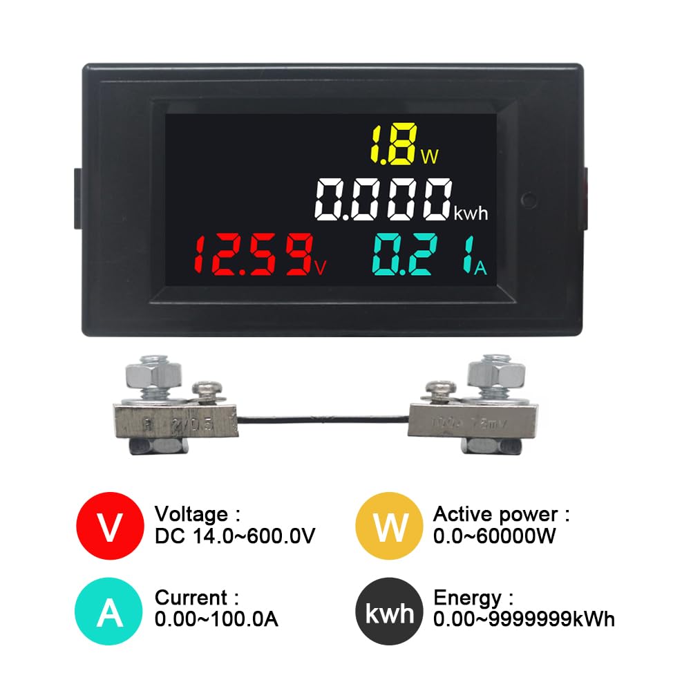 KETOTEK Ammeter Voltmeter DC 14-600V 100A Digital Multimeter Panel Power Energy Monitor Watt Meter DC Current Voltage Meter with 100A Shunt