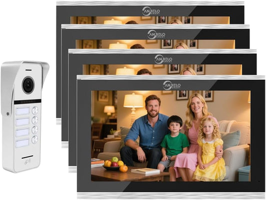 ANJIELO SMART Wired Video Doorbell Apartment Intercom System,4 Family Units 10 Inch Touch Monitor,3 in 1 Unlocking,Dual Way Intercom Motion Detection Tuya for Villa Home (1 Doorbell(w)+ 4 Monitor(s))
