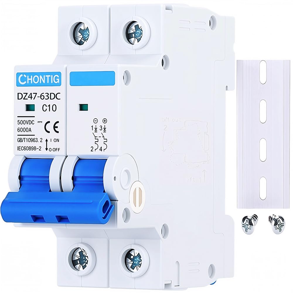 10 Amp Miniature DC Circuit Breaker 500V 2 Pole, Solar PV Disconnect Switch with Thermal Magnetic Trip, DIN Rail Mount Isolator C10