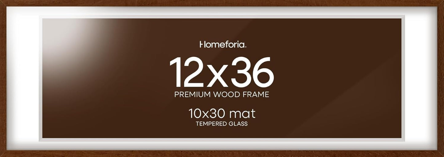 Homeforia 12x36 Picture Frame Brown, High End Dark Oak 12x36 Walnut Wood Poster Frame with Mat 10x30 Art, 12 x 36 Wooden Frame Matted to 10 x 30 Photo, 36x12 Frames, Tempered Glass, Wall Kit, Set of 1