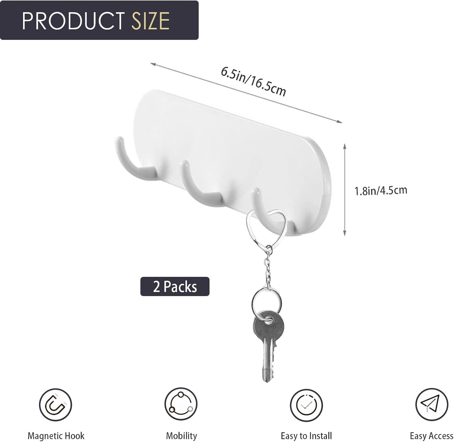 2-Pack Magnetic Key Holder with 3 Hooks for Refrigerator, Kitchen, and Laundry Rooms