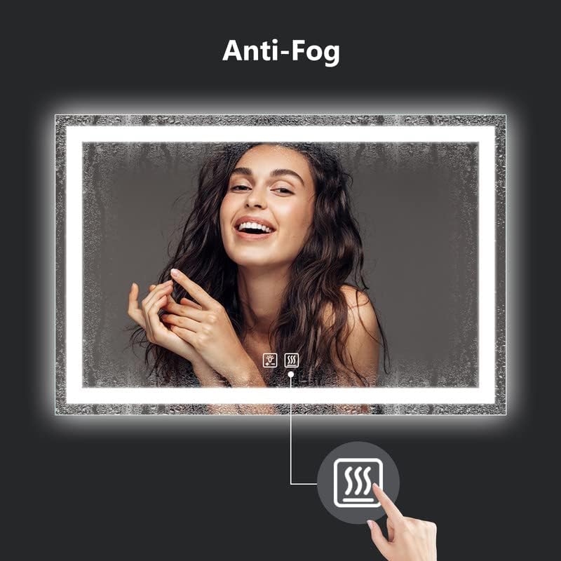 ROOMTEC 48X30 Inch Led Mirror for Bathroom,Backlit Lighted,Anti-Fog, Dimmable, Vertical & Horizontal Mount (Square-48 * 30",Frosted), Silver