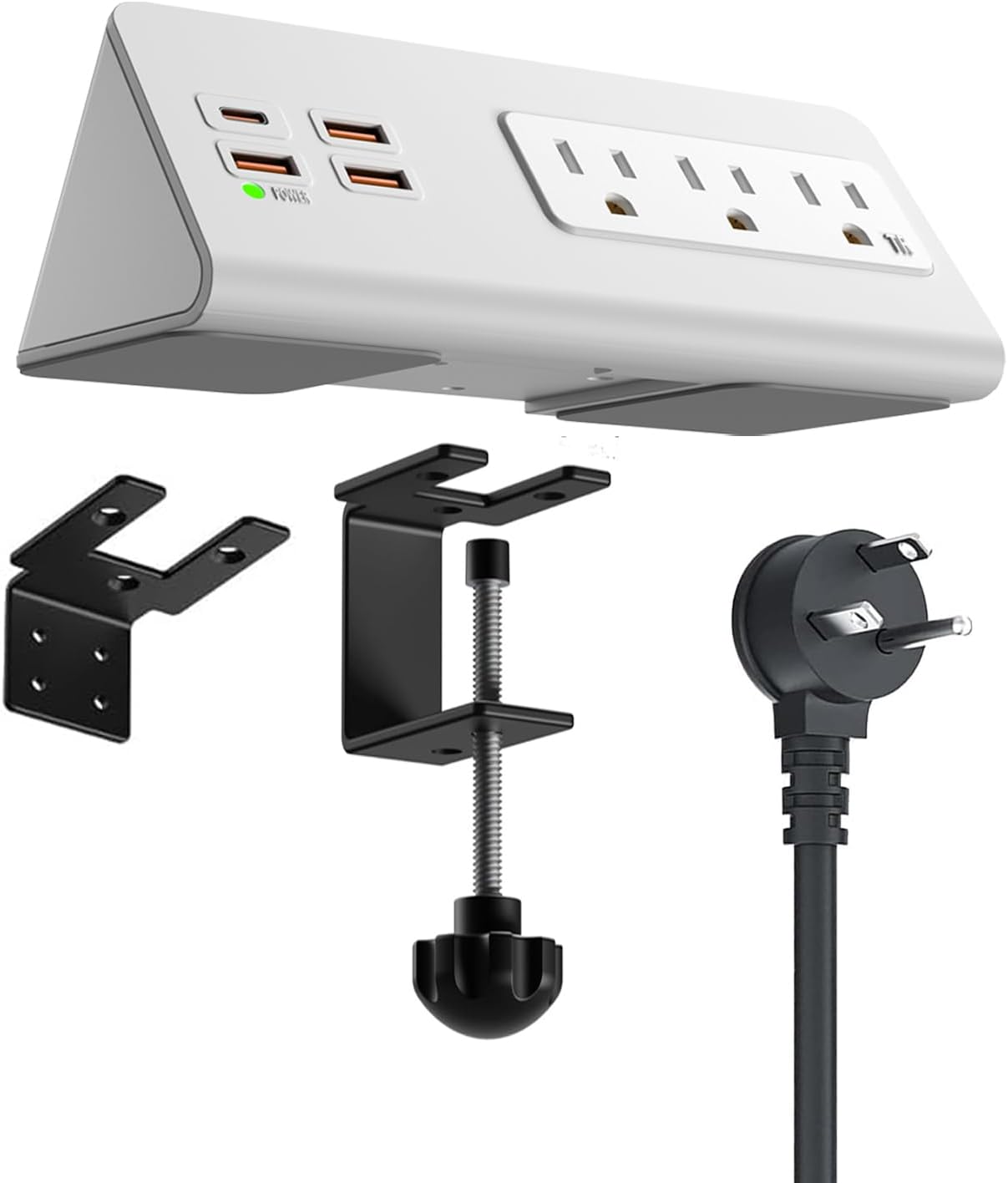 Power Charge Station Edge clamp Mount with USB-C Ports，Tabletop Surge Protector, Desk Clamp Power Sockets with 3 AC Outlets and 4 Fast Charging USB Ports for Home Office Hotel and Dormitory (White)
