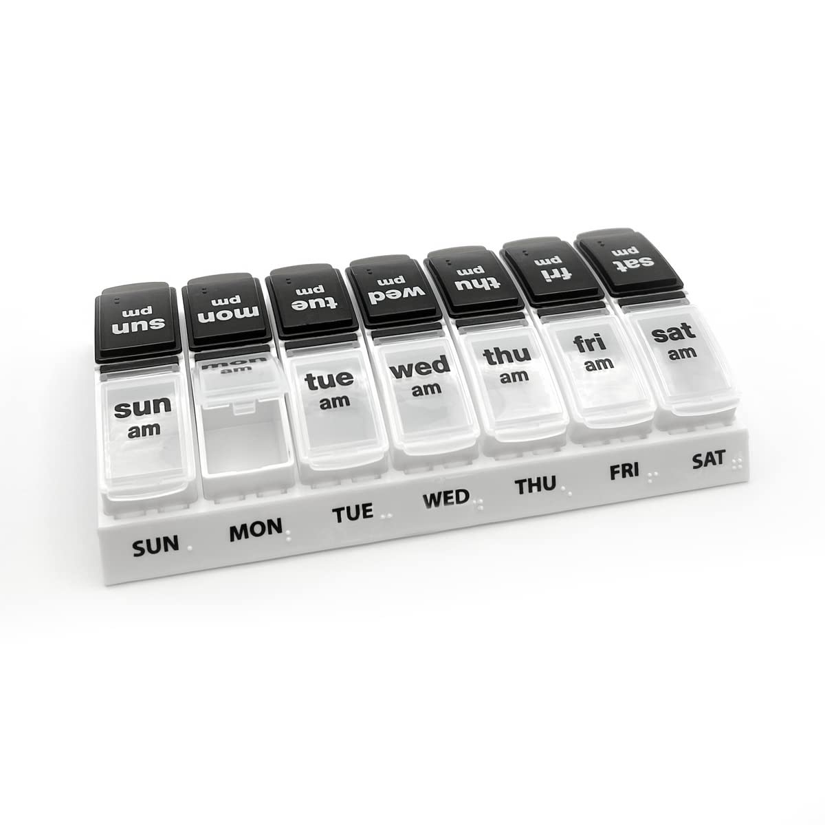 EZY DOSE Weekly (7-Day) Daily AM/PM Pill Case, Medicine Planner, Vitamin Organizer, Supplement Container, Large Pop-Out Compartments, Designed for Travel 2 Times a Day, Black and White Lids