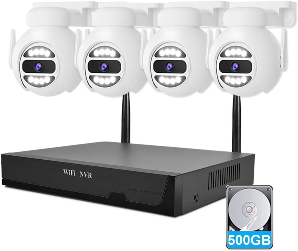 [Auto Tracking Alert 360° PTZ & 2-Way Audio] 8CH Plug&Play Wireless Cameras for Home Security, 4x1920P 5MP IP67 IR&Full Color Night Vison AI Motion Detection, 500G HDD 24/7 Recording Remote Control