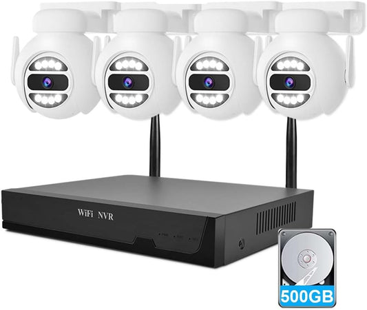 [Auto Tracking Alert 360° PTZ & 2-Way Audio] 8CH Plug&Play Wireless Cameras for Home Security, 4x1920P 5MP IP67 IR&Full Color Night Vison AI Motion Detection, 500G HDD 24/7 Recording Remote Control