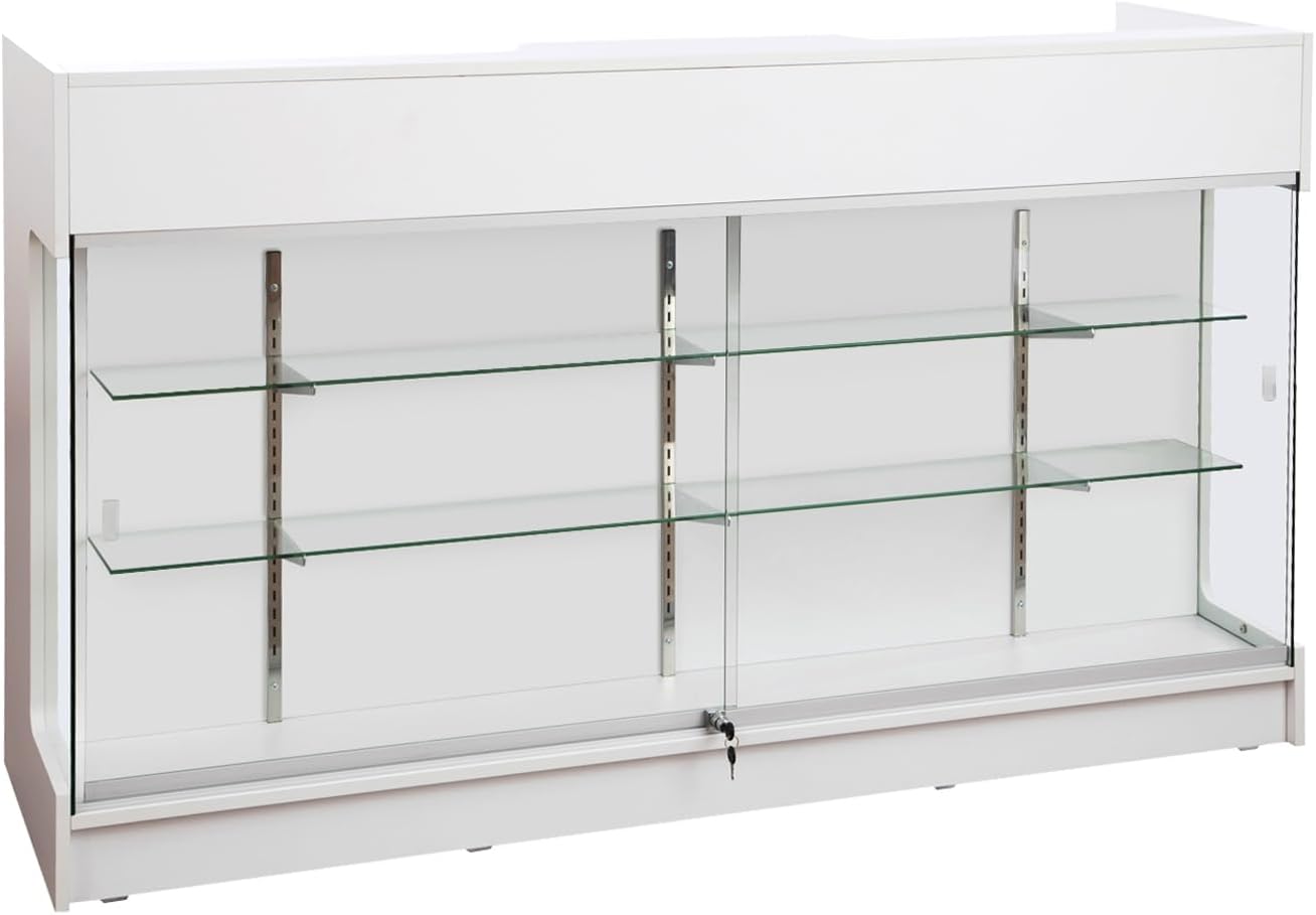 72" W x 22" D x 42" H - Ledgetop Checkout Counter with Glass Showcase View Front, White Wooden Cash Register Stand with Showcase,Retail Glass Display Cabinet Counter