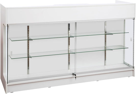 72" W x 22" D x 42" H - Ledgetop Checkout Counter with Glass Showcase View Front, White Wooden Cash Register Stand with Showcase,Retail Glass Display Cabinet Counter