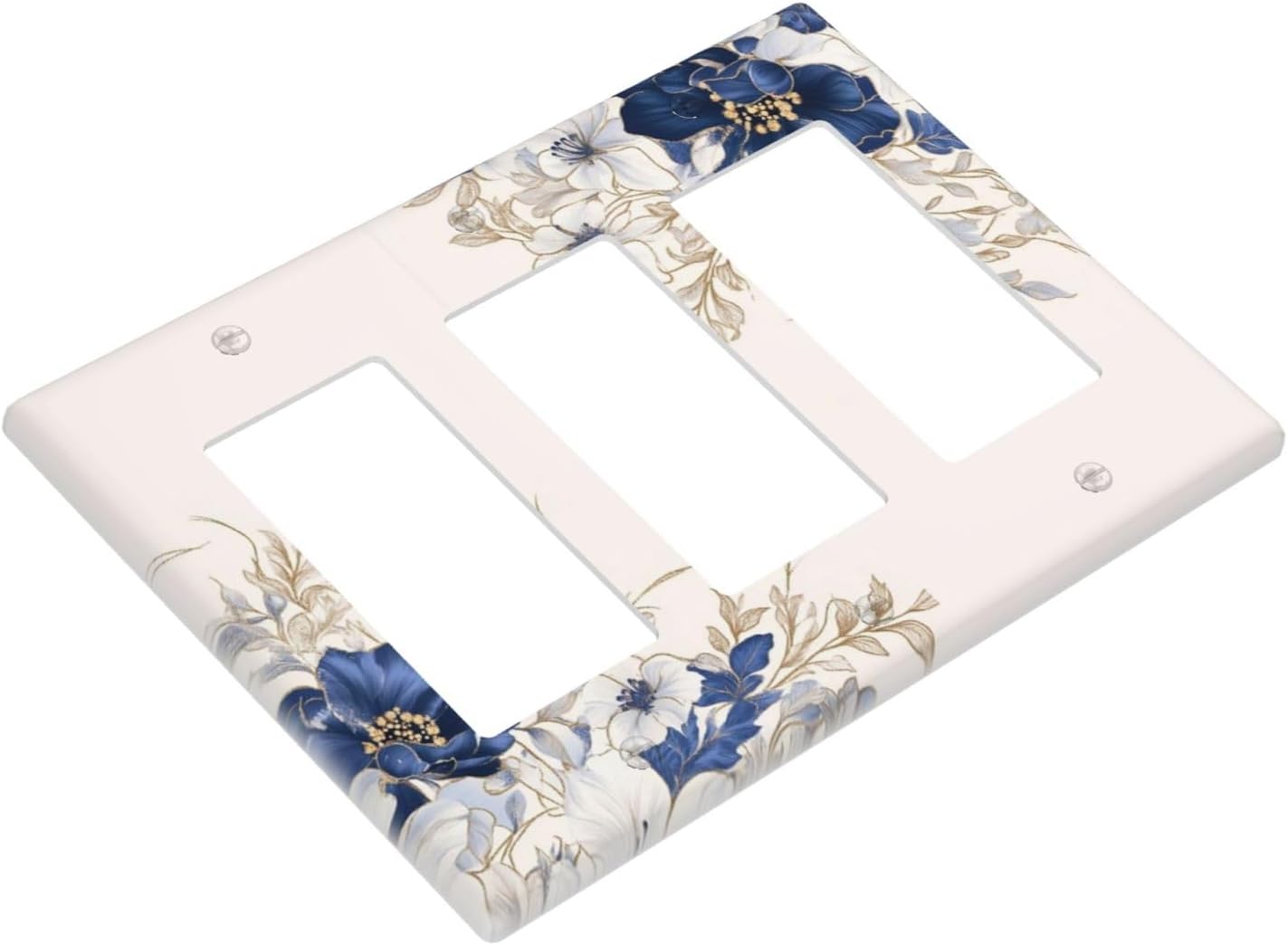 Decorative Outlet Covers Rustic Blue Beige Flower Peony Floral 3 Gang Light Switch Cover Plate Triple Rocker Wall Plates for Electrical Outlets Switch Plate Covers for Bedroom Home Decor